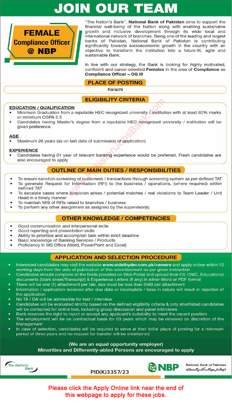 Female Compliance Officer Jobs in National Bank of Pakistan 2024 May NBP Apply Online Latest