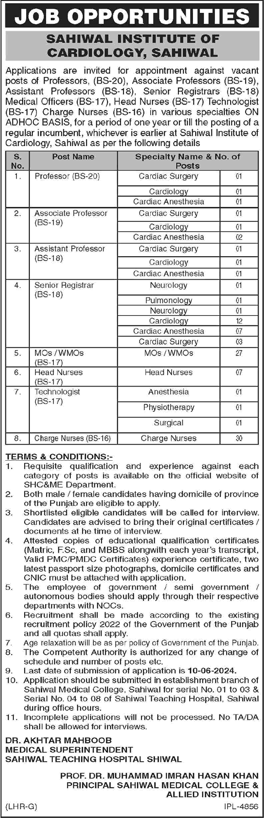 Sahiwal Institute of Cardiology Jobs 2024 May Nurses, Medical Officers & Others SIC Latest