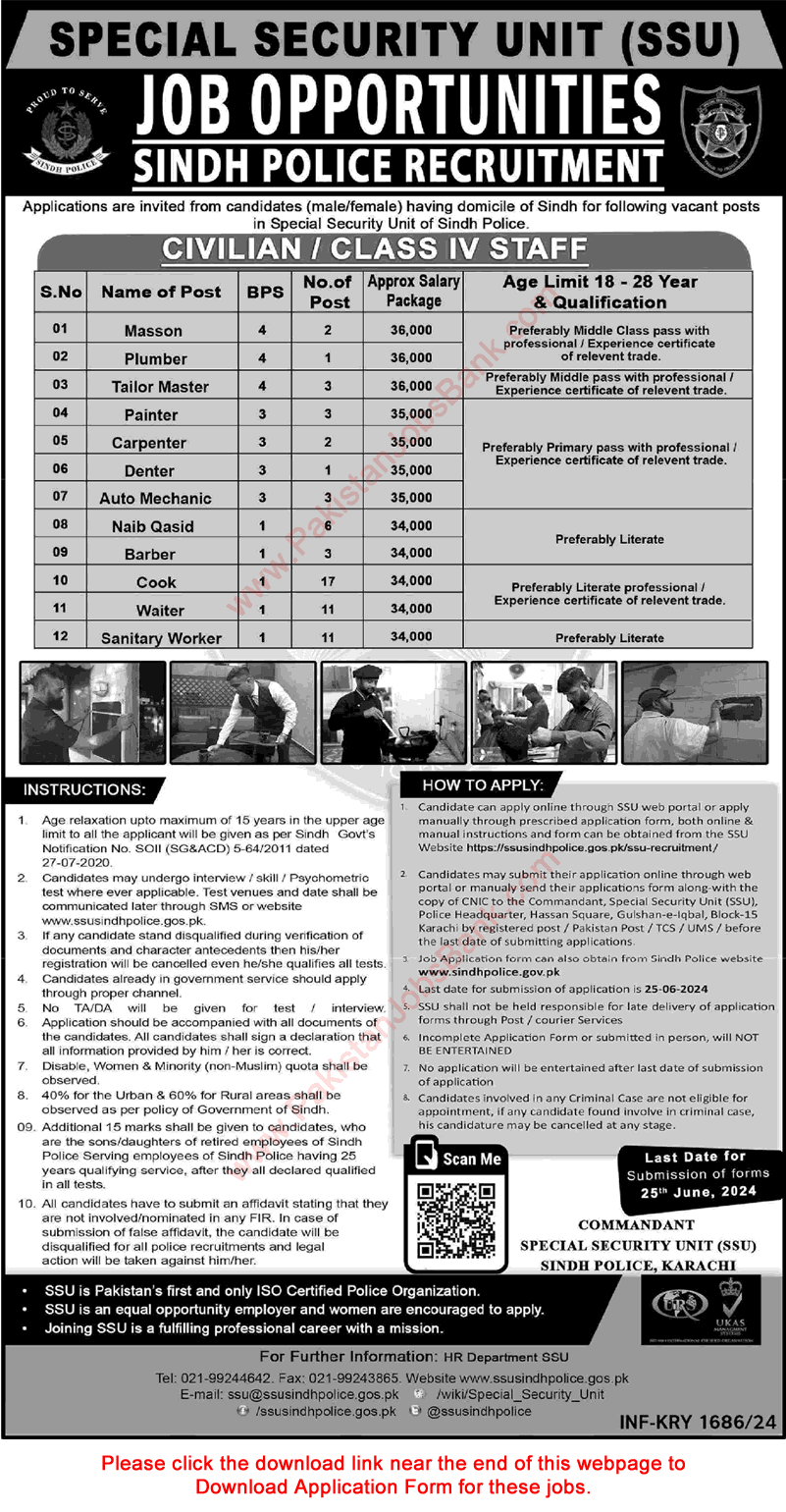 Sindh Police Jobs May 2024 Application Form Cooks, Waiters, Sanitary Workers & Others in Special Security Unit SSU Latest