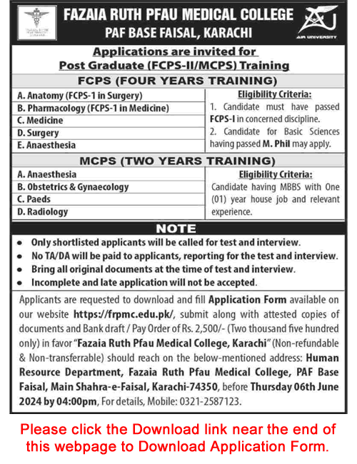 Fazaia Ruth PFAU Medical College Karachi FCPS / MCPS Postgraduate Training 2024 May Application Form PAF Latest