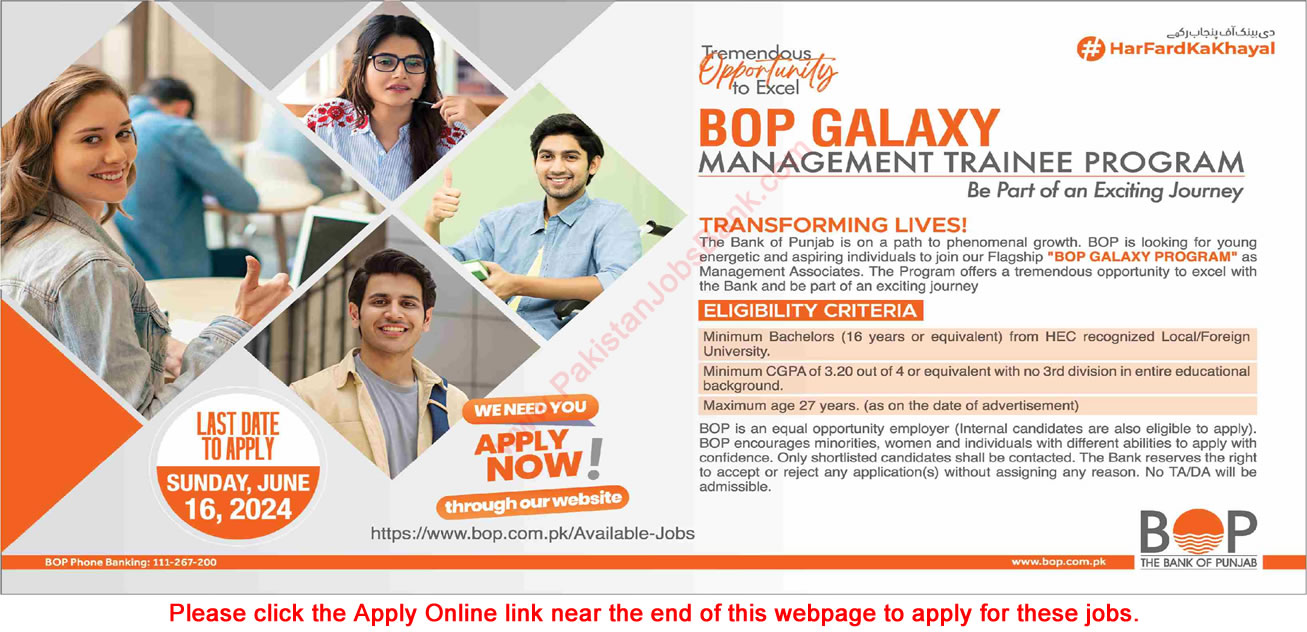 Bank of Punjab Management Trainee Program 2024 June Apply Online BOP Galaxy MTO Latest