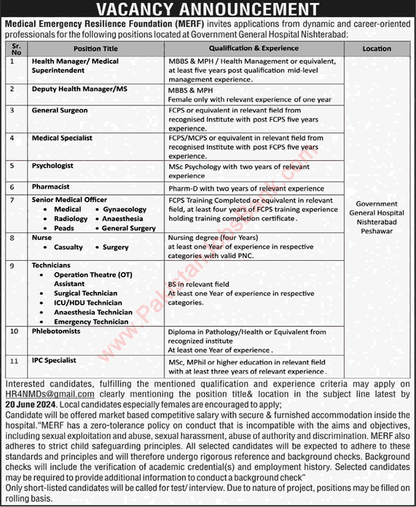 Government General Hospital Nishterabad Peshawar Jobs 2024 June MERF Medical Officers, Technician & Others Latest