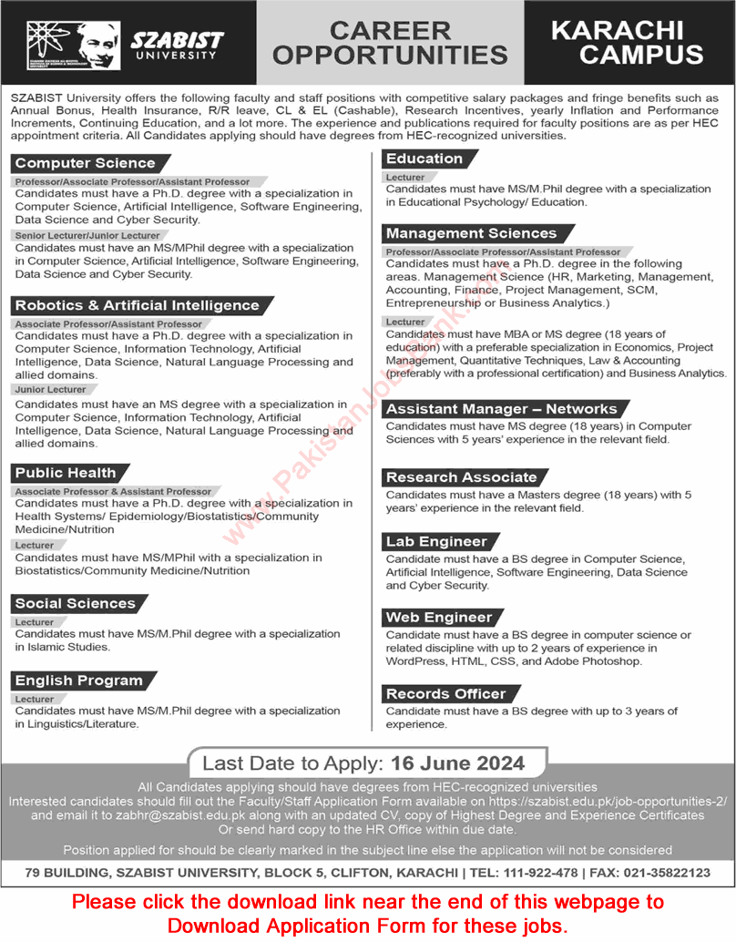 SZABIST University Karachi Campus Jobs June 2024 Application Form Teaching Faculty & Others Latest