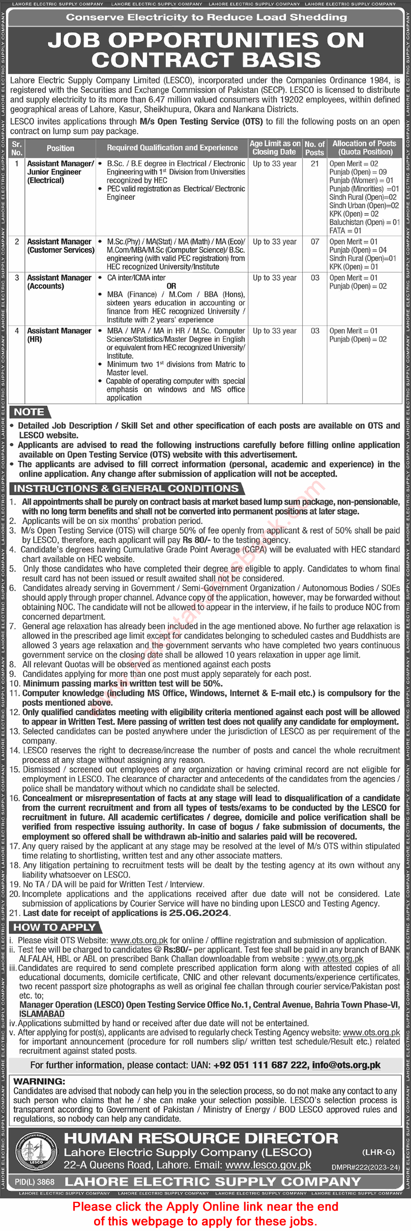 LESCO Jobs June 2024 OTS Online Apply Junior Engineers & Assistant Managers Latest Advertisement