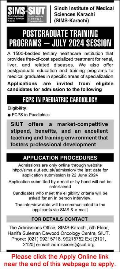 Sindh Institute of Medical Sciences Karachi FCPS Postgraduate Training 2024 June Apply Online SIMS SIUT Latest