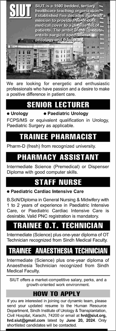 SIUT Hospital Karachi Jobs June 2024 Trainee Medical Technicians, Nurses & Others Latest