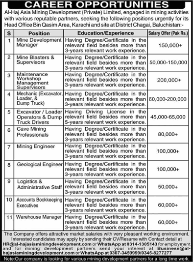 Al Haj Asia Mining Development Pvt Ltd Karachi / Chagai Jobs 2024 June Mining Engineers & Others Latest