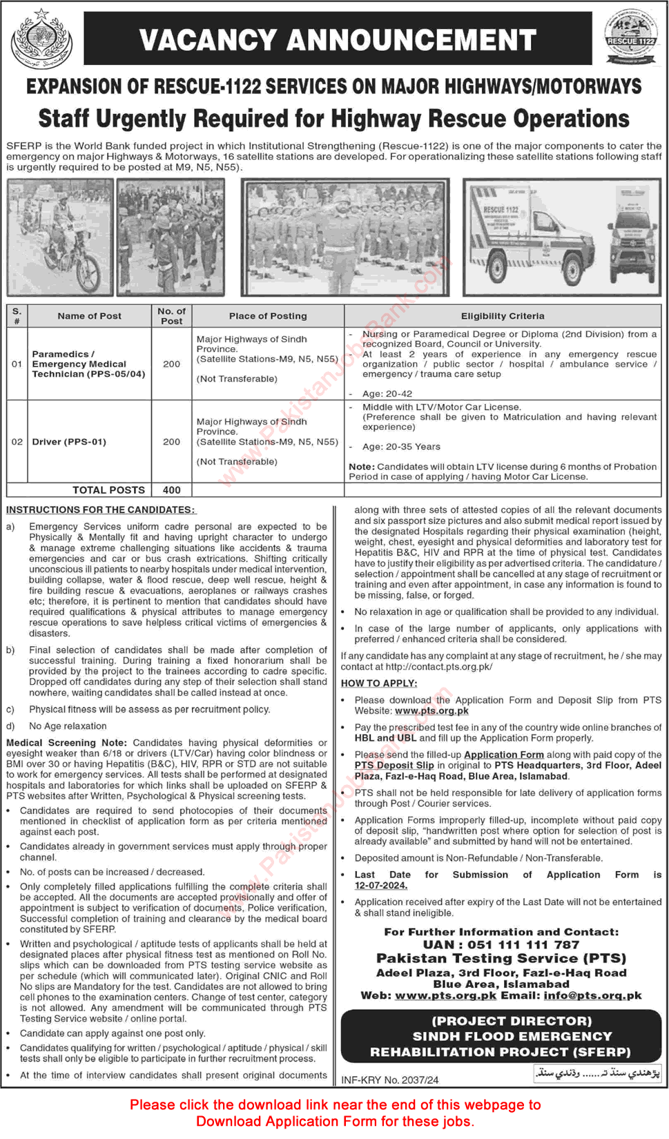 Sindh Rescue 1122 Jobs June 2024 PTS Application Form Emergency Medical Technicians & Drivers SFERP Latest