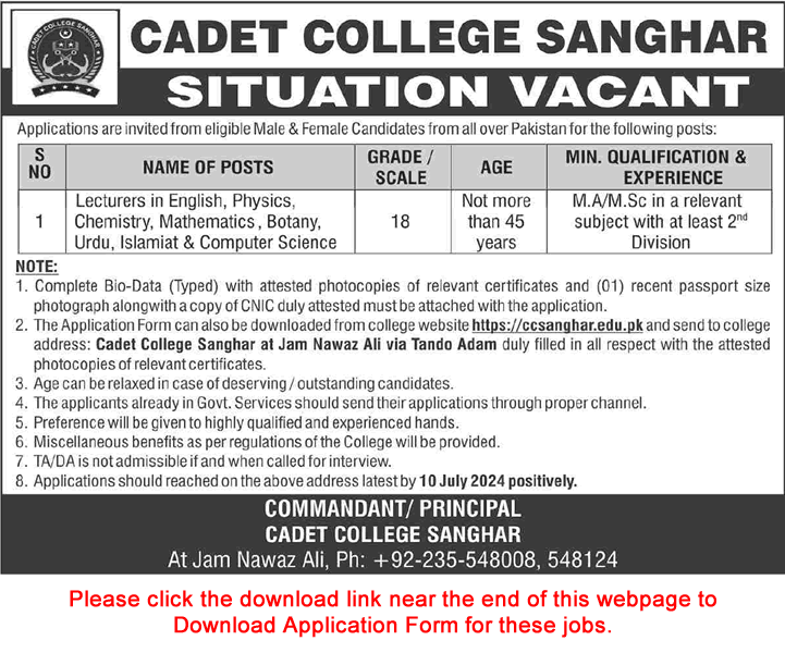 Lecturer Jobs in Cadet College Sanghar 2024 June Application Form Latest