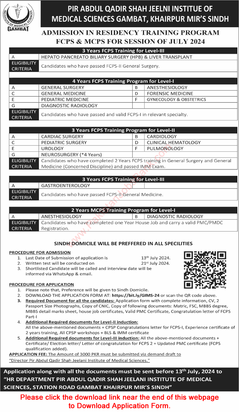 Pir Abdul Qadir Shah Jeelani Institute of Medical Sciences Gambat Postgraduate Training 2024 June / July Application Form Latest