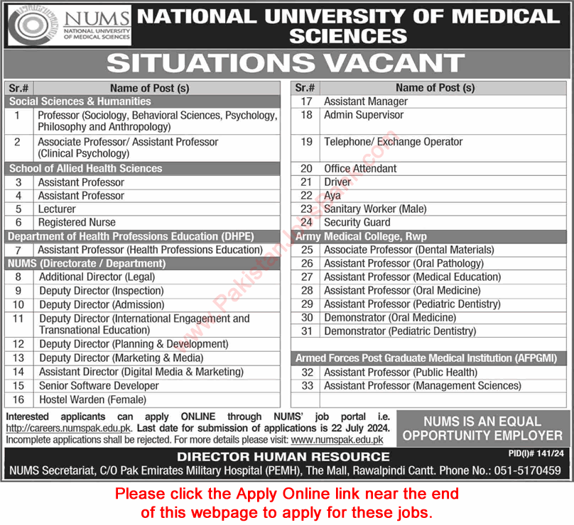 NUMS University Rawalpindi Jobs July 2024 Apply Online Teaching Faculty & Others Latest