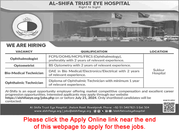 Al Shifa Trust Eye Hospital Sukkur Jobs July 2024 Apply Online Biomedical / Ophthalmic Technicians & Others Latest