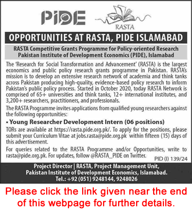 Young Researcher Development Intern Jobs in PIDE Islamabad 2024 July RASTA Pakistan Institute of Development Economics Latest