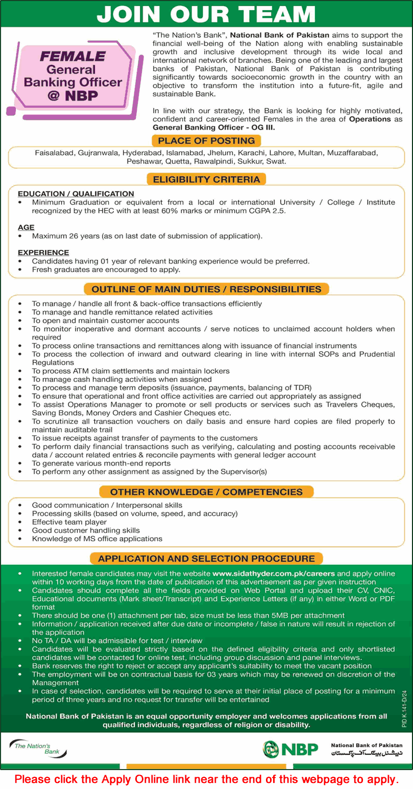 Female General Banking Officer Jobs in National Bank of Pakistan July 2024 Apply Online NBP Latest