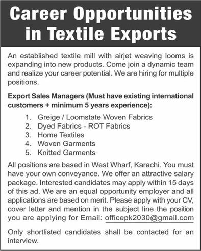 Export Sales Manager Jobs in Karachi July 2024 Textile Exports / Mill Latest