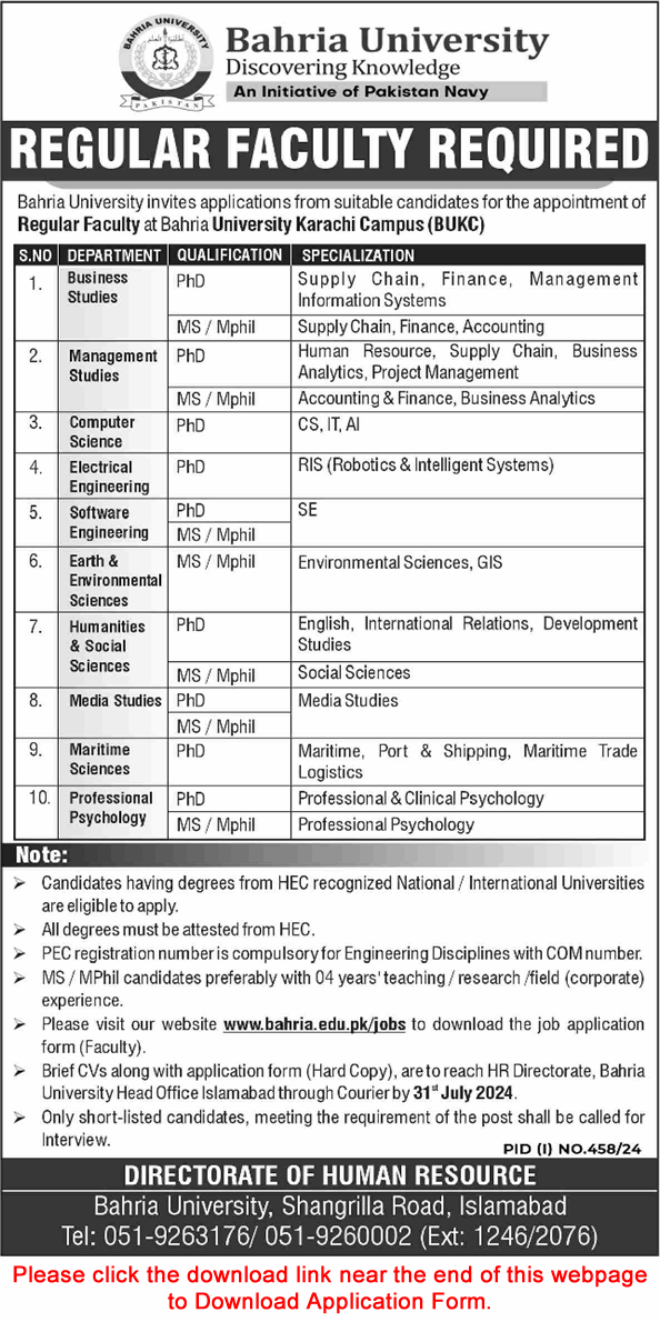 Bahria University Karachi Jobs July 2024 Application Form Teaching Faculty BUKC Latest