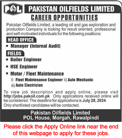 Pakistan Oilfields Limited Jobs July 2024 POL Apply Online Boiler / HSE Engineers & Others Latest