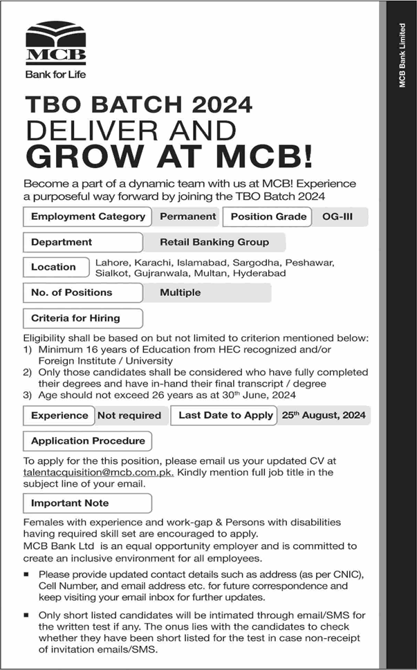 Trainee Business Officer Jobs in MCB Bank 2024 July / August TBO Batch 2024 Latest