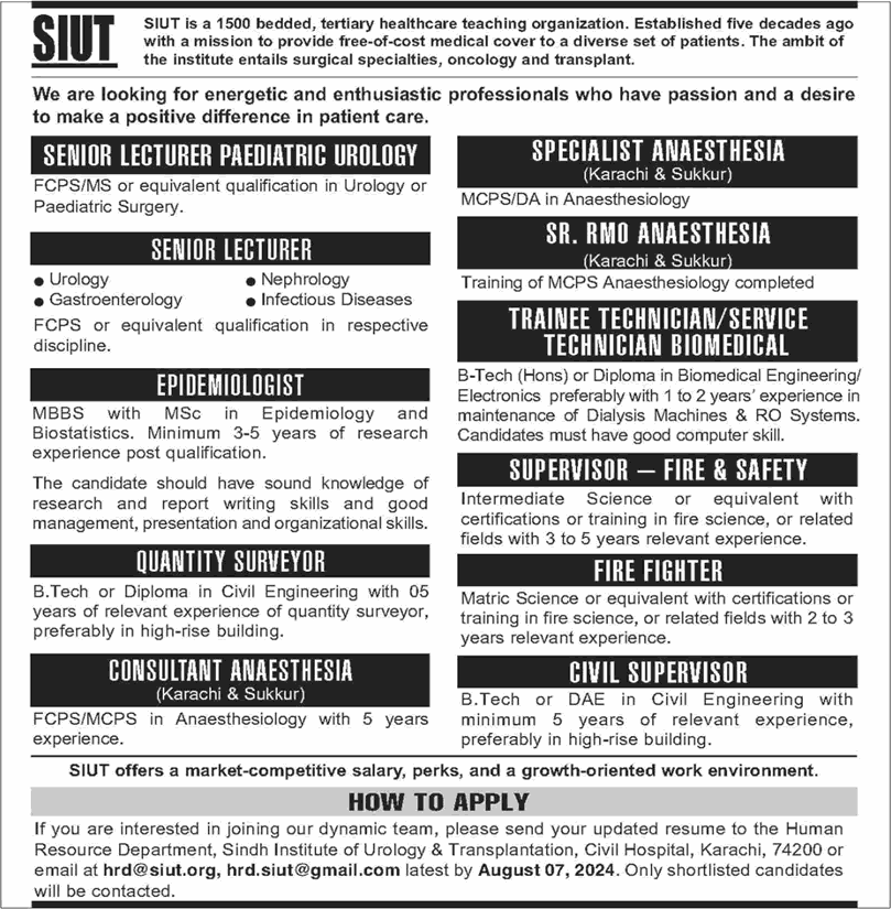 SIUT Hospital Karachi Jobs July 2024 August Sukkur Lecturers, Trainee Technicians & Others Latest