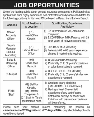 Insurance Company Jobs in Pakistan 2024 July / August Field Staff & Others Latest