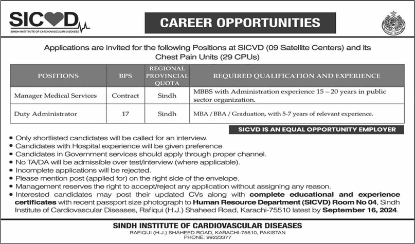 Sindh Institute of Cardiovascular Diseases Jobs September 2024 SICVD Duty Administrators & Manager Medical Services Latest