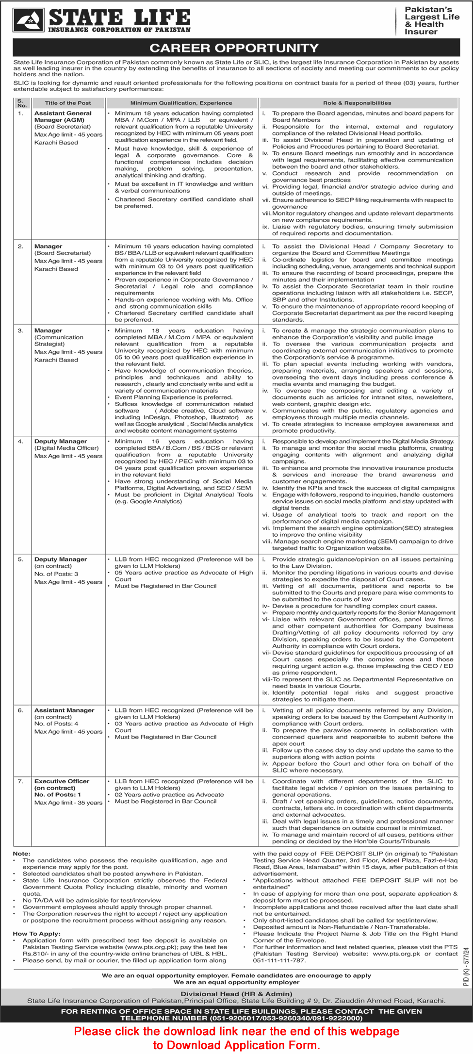 State Life Insurance Corporation of Pakistan Jobs September 2024 PTS Application Form Assistant Managers & Others Latest