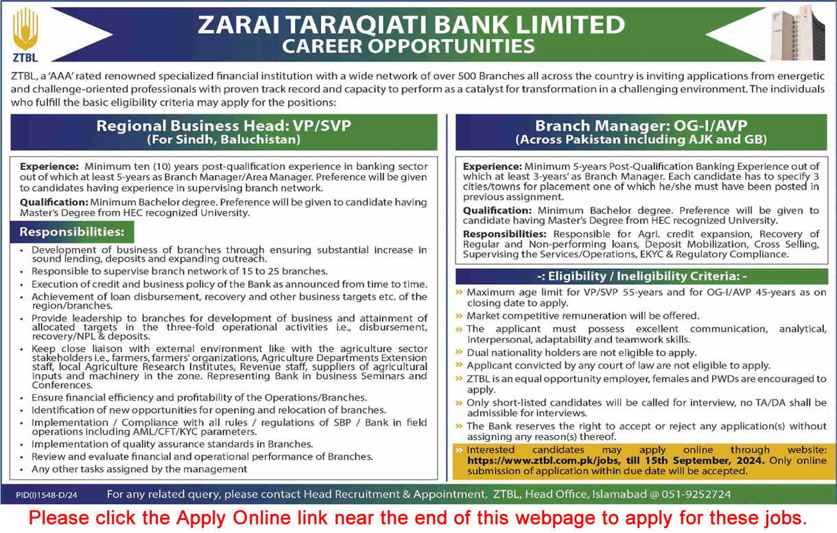 ZTBL Jobs September 2024 Apply Online Branch Manager & Regional Business Heads Latest