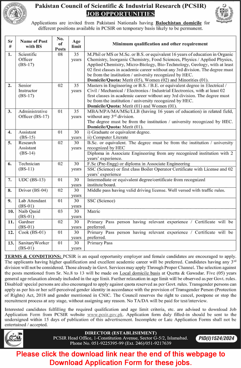 PCSIR Islamabad Jobs September 2024 Application Form Scientific Officers, Naib Qasid & Others Latest