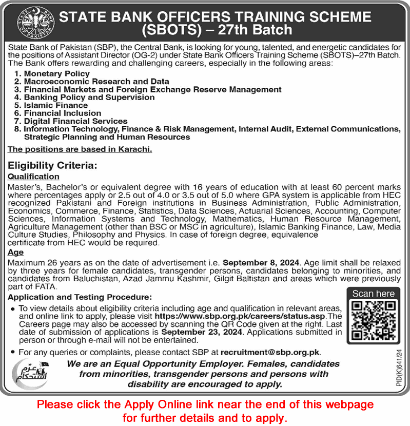 State Bank Officers Training Scheme September 2024 Apply Online SBP Assistant Director Jobs SBOTS Latest