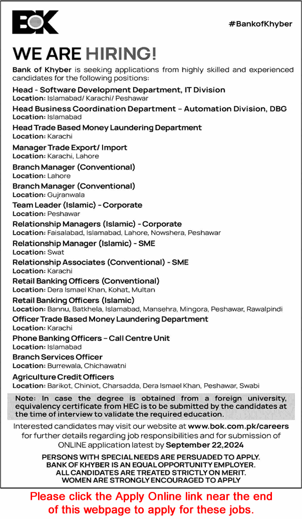 Bank of Khyber Jobs September 2024 Apply Online Relationship Managers, Agriculture Credit Officers & Others Latest