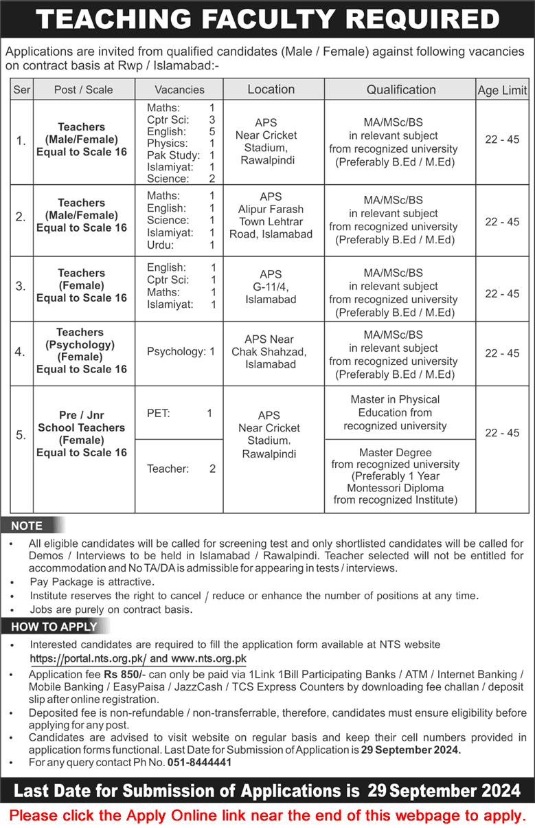 Army Public Schools Islamabad / Rawalpindi Jobs September 2024 APS Teachers NTS Apply Online Latest