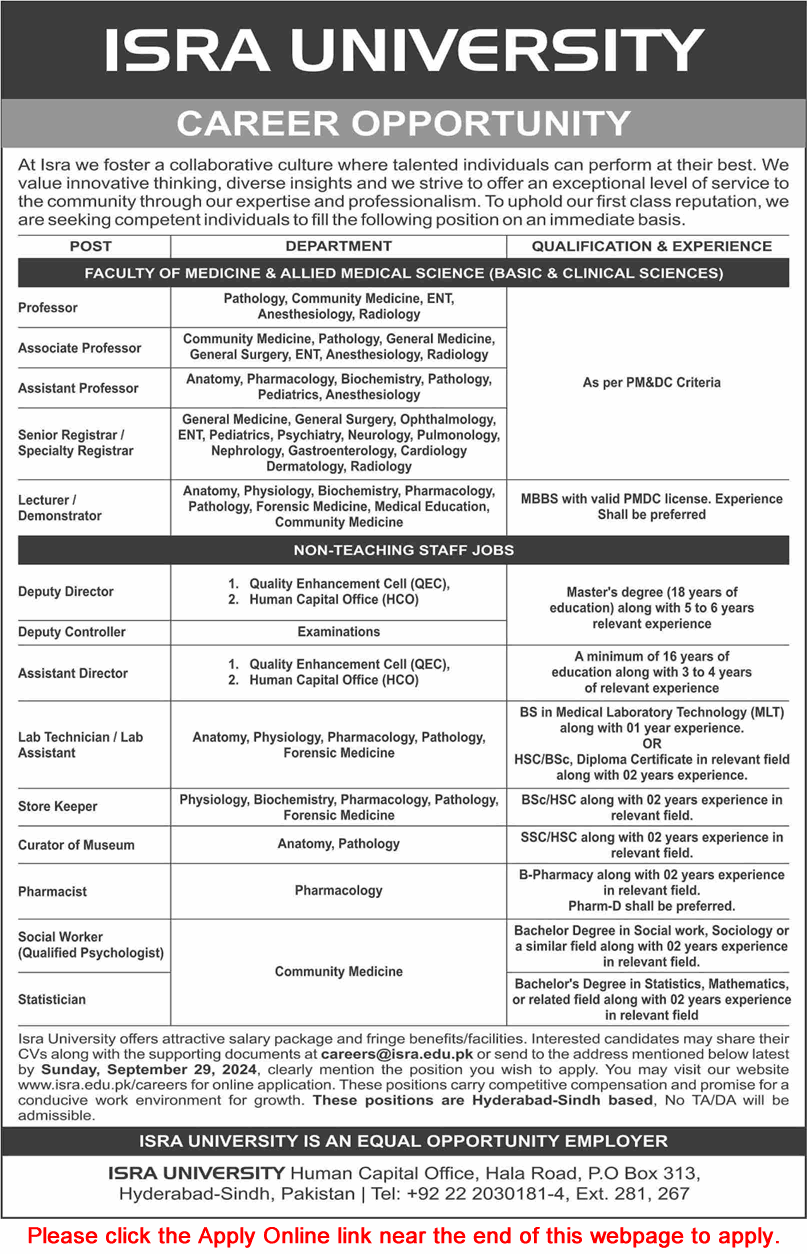 Isra University Hyderabad Jobs 2024 September Apply Online Teaching Faculty & Others Latest