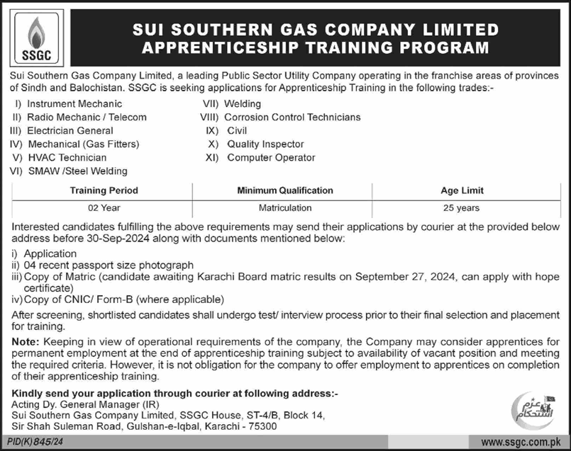 SSGC Apprenticeship Training Program 2024 September Sui Southern Gas Company Limited Latest