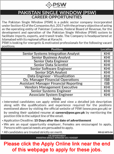 Pakistan Single Window Jobs September 2024 Apply Online Software Engineers & Others PSW Latest