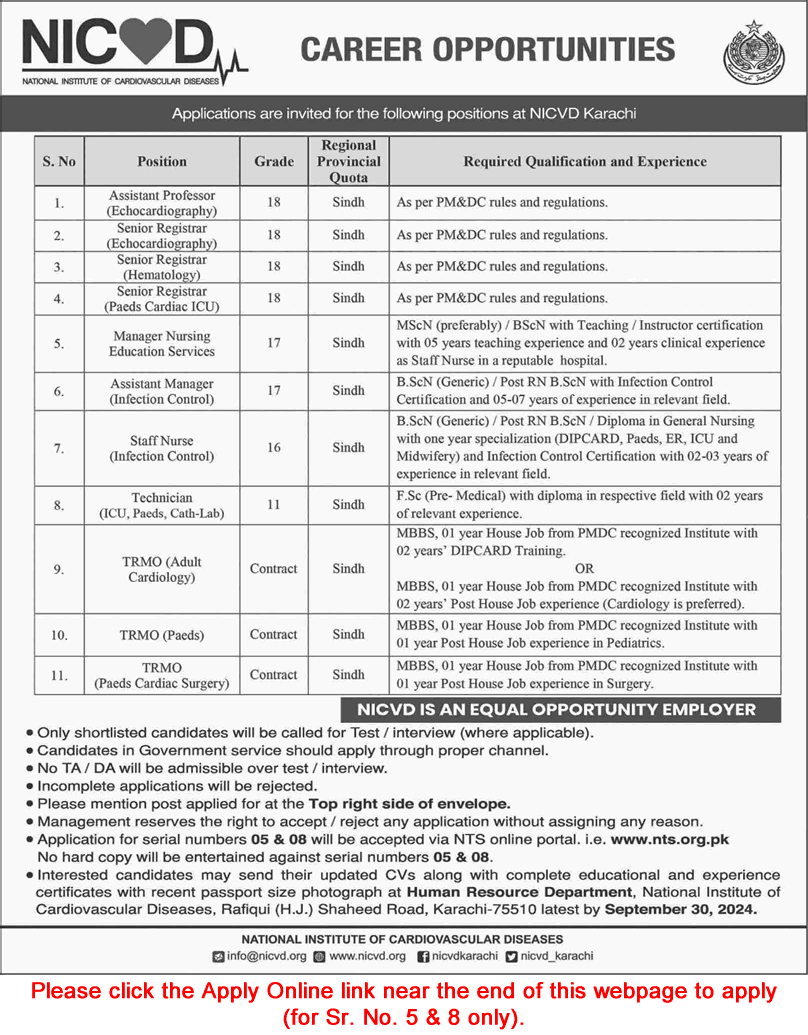 NICVD Jobs September 2024 NTS Apply Online National Institute of Cardiovascular Diseases Latest