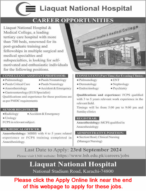 Liaquat National Hospital Karachi Jobs September 2024 Apply Online Medical Consultants & Others Latest