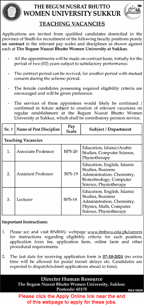 Begum Nusrat Bhutto Women University Sukkur Jobs 2024 September Apply Online Teaching Faculty Latest