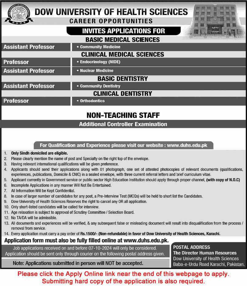 Dow University of Health Sciences Karachi Jobs September 2024 Apply Online Teaching Faculty & Others Latest