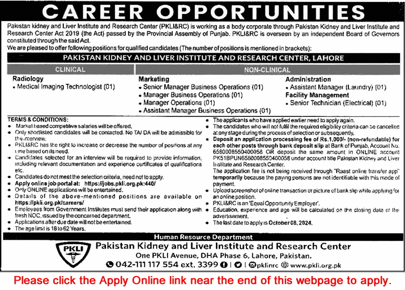 Pakistan Kidney and Liver Institute Lahore Jobs September 2024 Apply Online PKLI&RC Latest