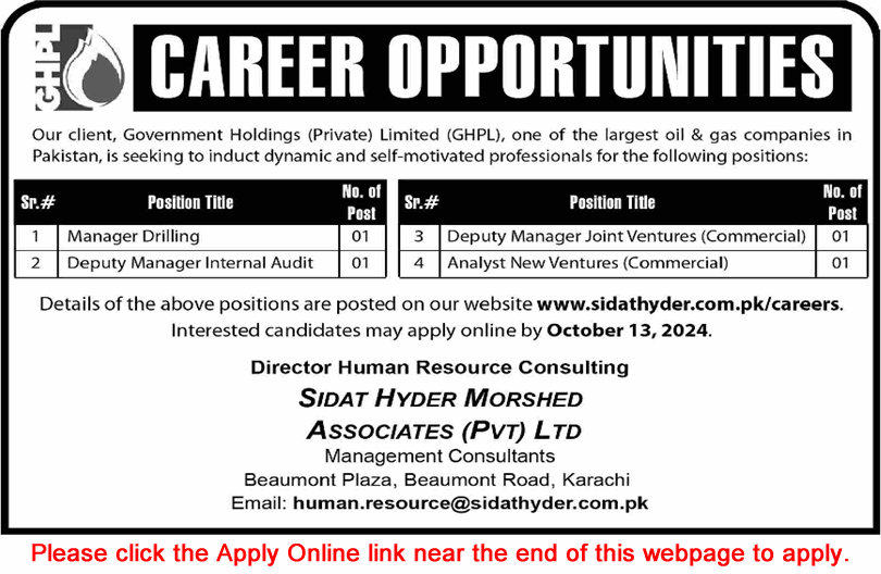 Government Holdings Pvt Ltd Islamabad Jobs 2024 September / October GHPL Apply Online Latest