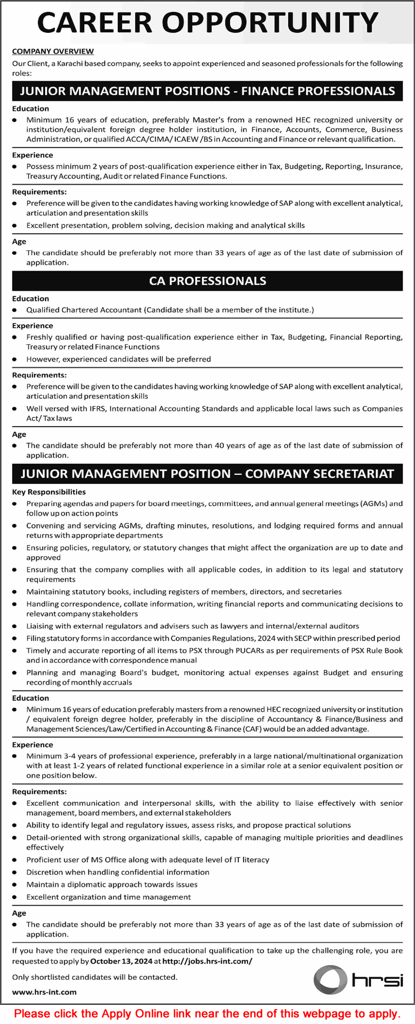 HRSI Pakistan Jobs September 2024 October Apply Online Finance / CA Professionals & Others Latest