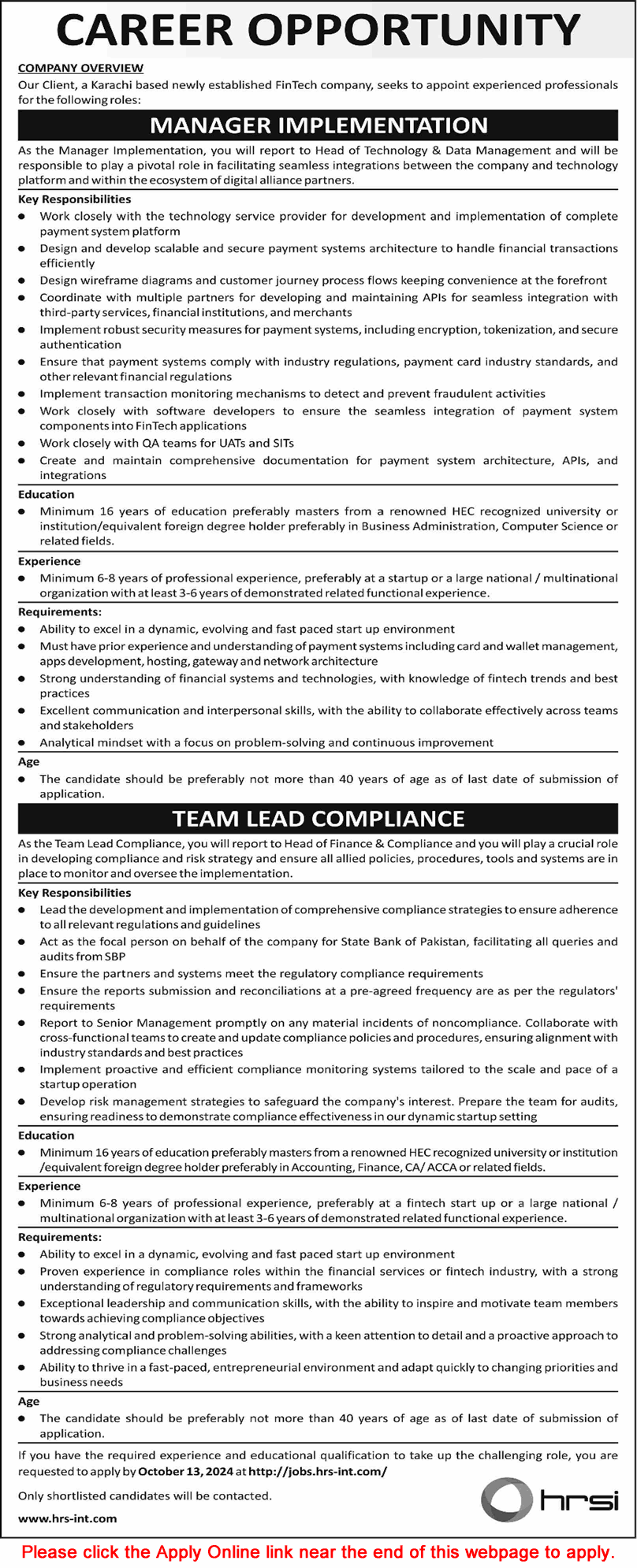 HRSI Pakistan Jobs September 2024 October Apply Online Implementation Manager & Team Lead Latest