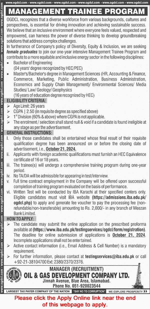 OGDCL Management Trainee Program October 2024 Apply Online MTO Jobs Latest Advertisement