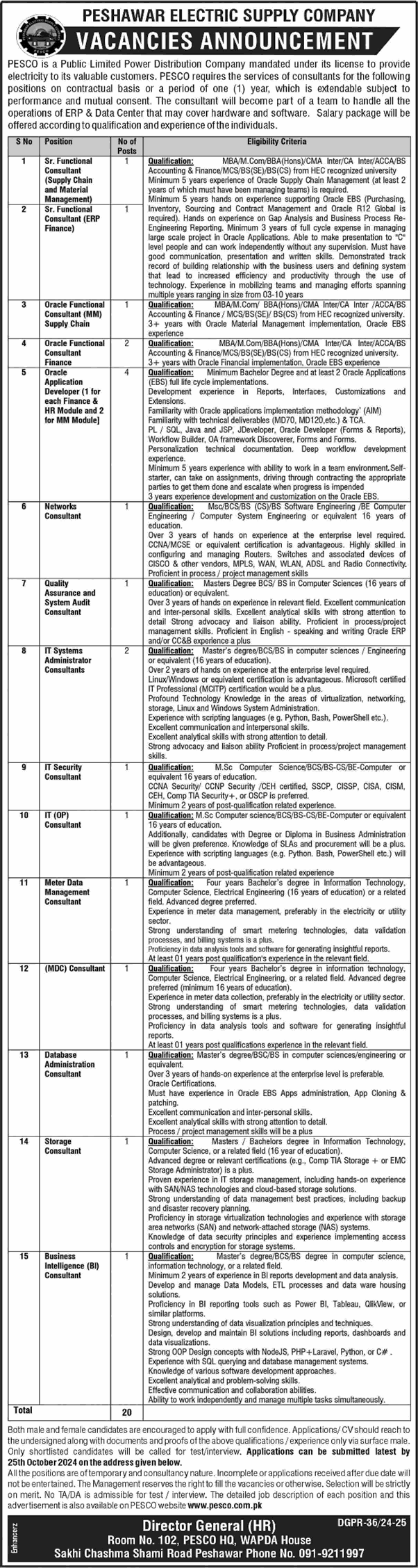 PESCO Jobs October 2024 WAPDA Peshawar Electric Supply Company Latest