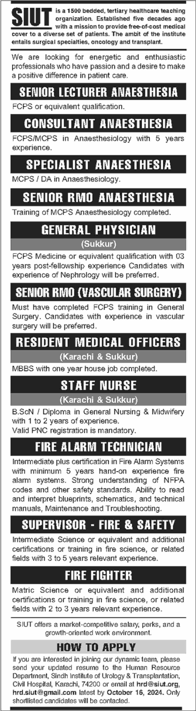 SIUT Hospital Karachi Jobs October 2024 Sukkur Staff Nurse, Medical Officers & Others Latest