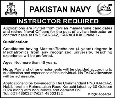 Civilian Instructor Jobs in Pakistan Navy 2024 October PNS KARSAZ Latest