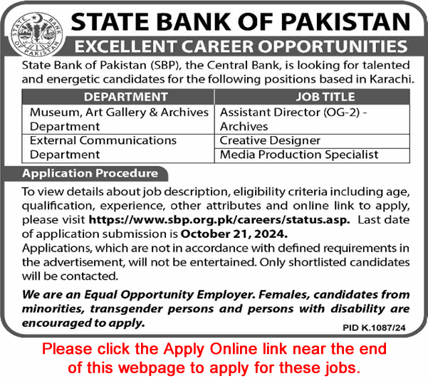 State Bank of Pakistan Jobs October 2024 Apply Online Assistant Director & Others SBP Latest