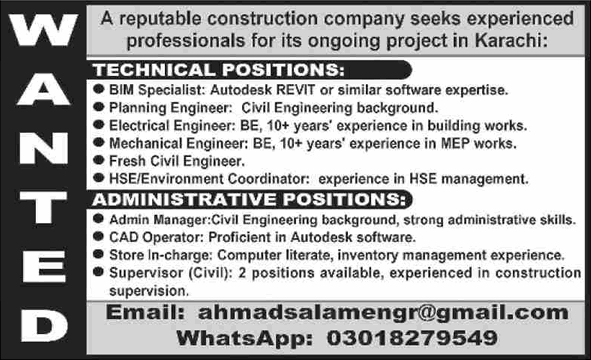 Construction Company Jobs in Karachi 2024 October Civil Engineers & Others Latest