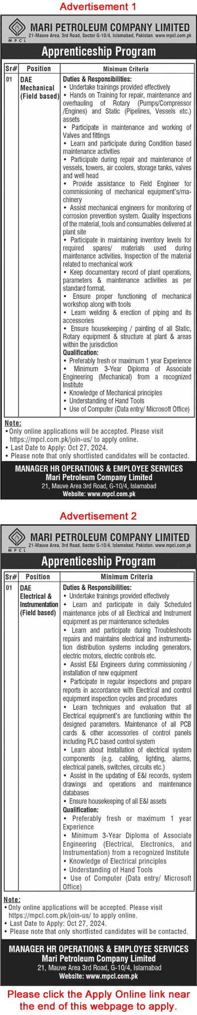 Mari Petroleum Company Limited Apprenticeship Program 2024 October Apply Online DAE Electrical / Mechanical Engineers Latest