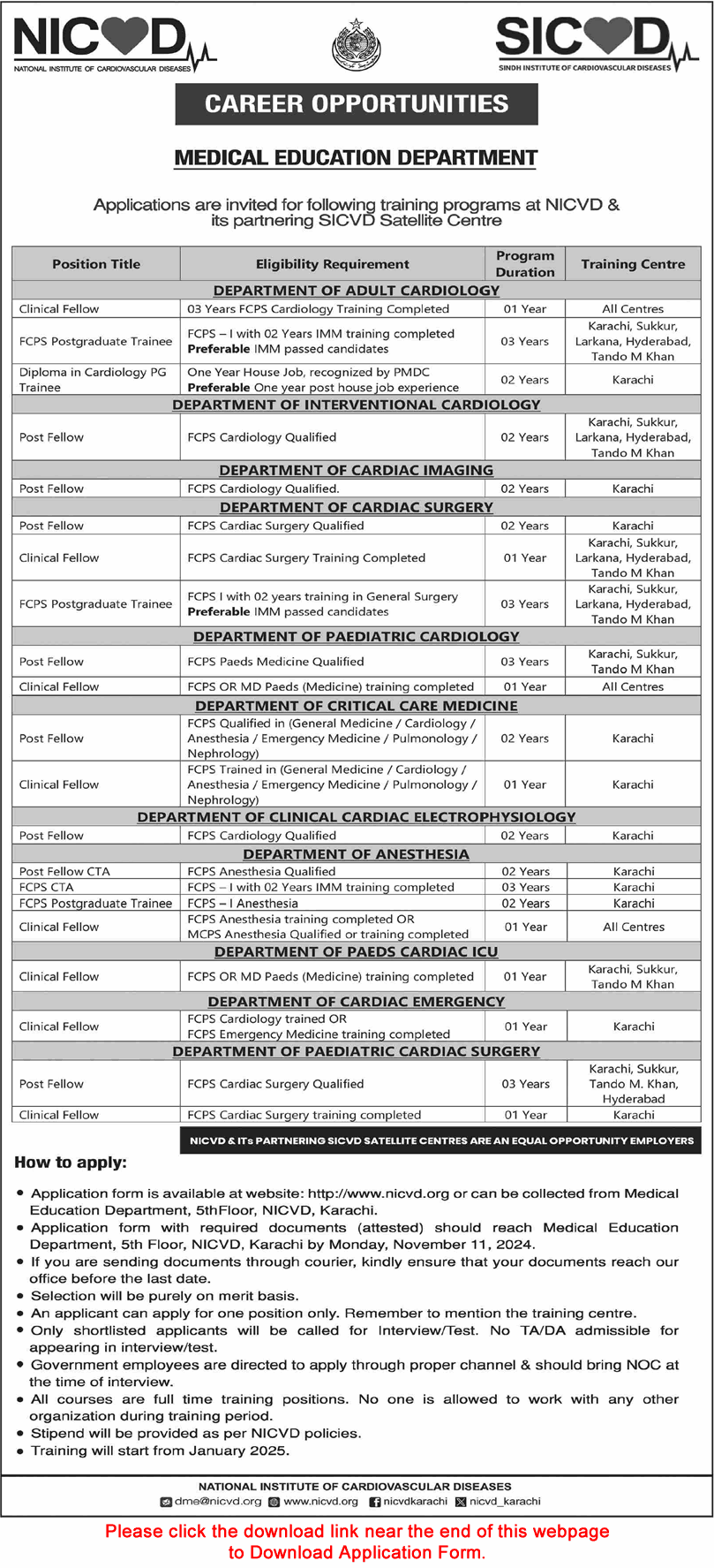 NICVD Jobs October 2024 November Application Form Postgraduate Trainees & Fellows Latest